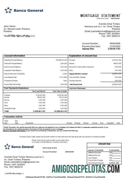 Extrato de hipoteca geral do Banco do Panamá em formatos Word e PDF modelo